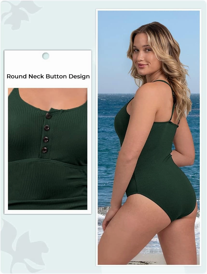 Ribbed One Piece Swimsuits for Women Button up Swimwear Tummy Control Retro Bathing Suits