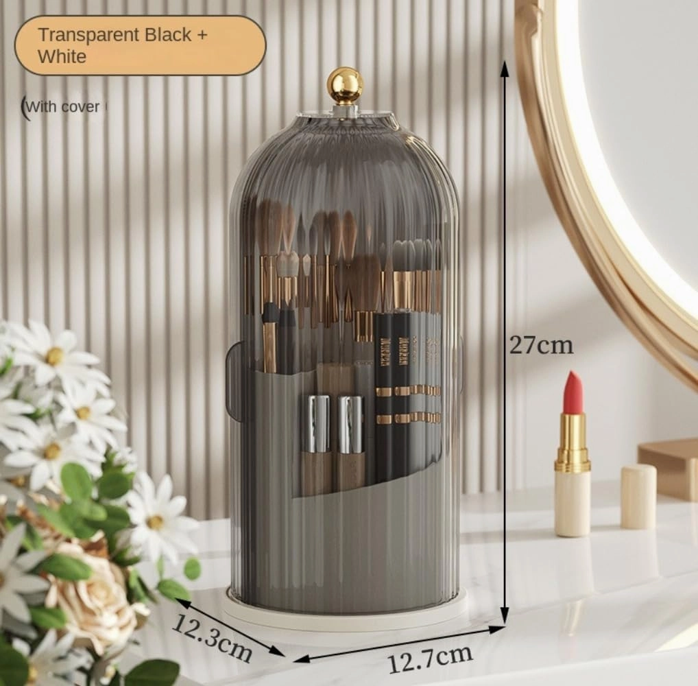 Rotating Makeup Brush Holder with Clear Lid – 360° Makeup Brush Organizer for All Brush Sizes, Durable Dustproof Storage Stand with Large Capacity, Easy to Clean, No Assembly