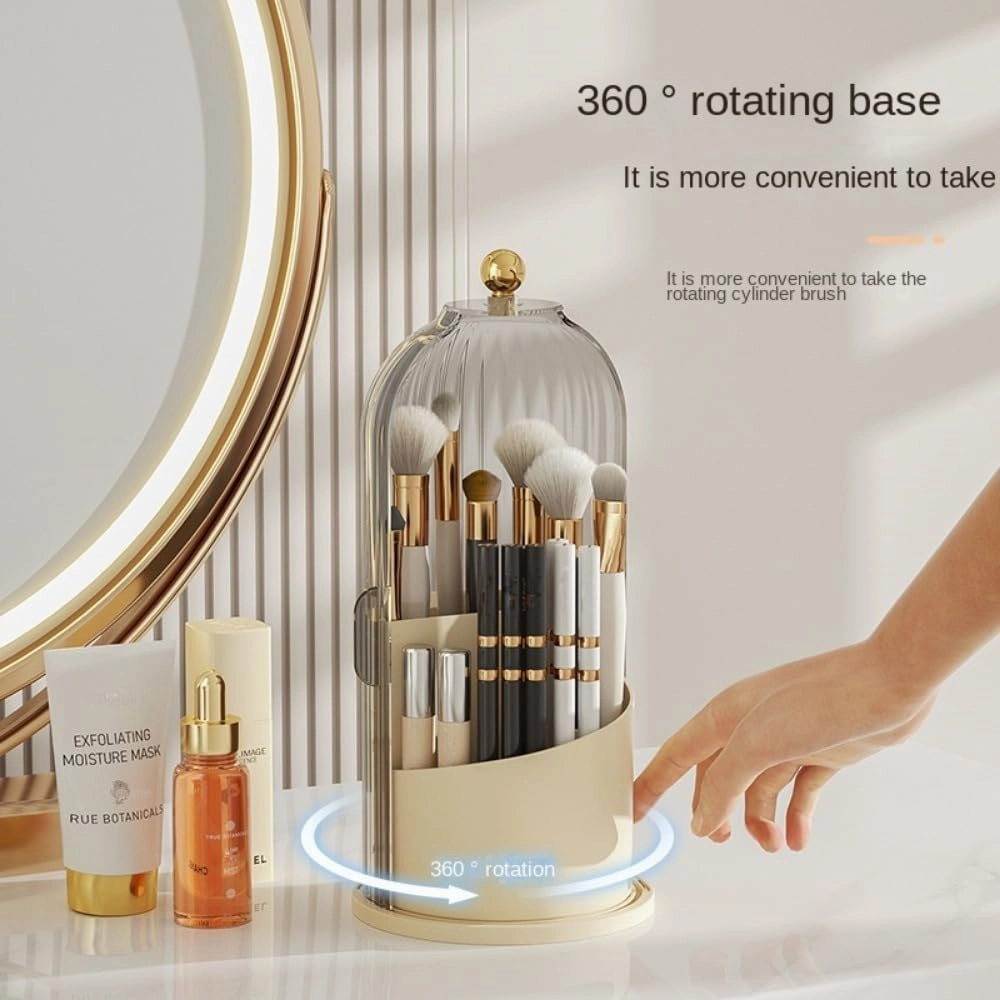 Rotating Makeup Brush Holder with Clear Lid – 360° Makeup Brush Organizer for All Brush Sizes, Durable Dustproof Storage Stand with Large Capacity, Easy to Clean, No Assembly