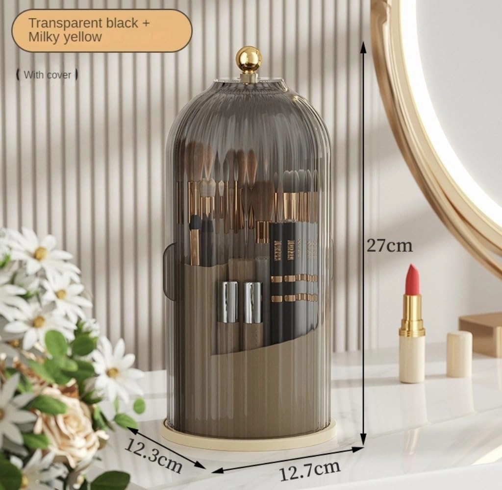 Rotating Makeup Brush Holder with Clear Lid – 360° Makeup Brush Organizer for All Brush Sizes, Durable Dustproof Storage Stand with Large Capacity, Easy to Clean, No Assembly (Milk yellow/black)