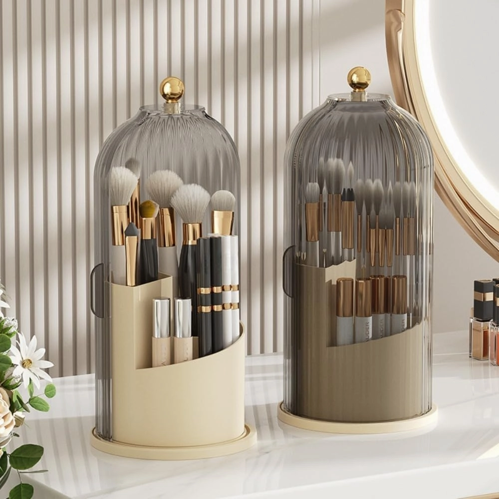 Rotating Makeup Brush Holder with Clear Lid – 360° Makeup Brush Organizer for All Brush Sizes, Durable Dustproof Storage Stand with Large Capacity, Easy to Clean, No Assembly