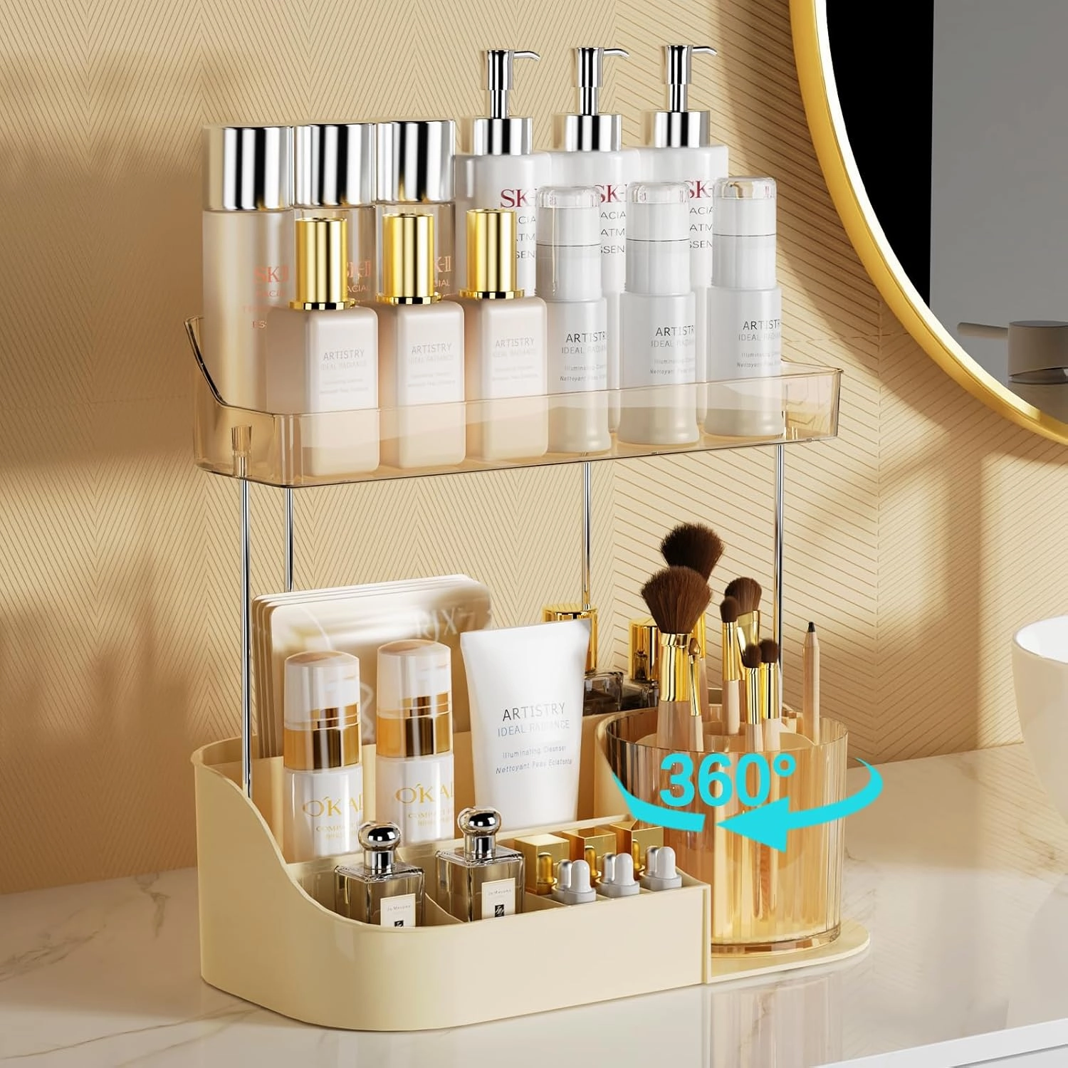 Rotating Makeup Organizer Countertop for Vanity with Makeup Brush Holder, Large Capacity, Grid Design, 360° Rotatable Skincare Organizer Perfume Tray for Dresser, Bathroom, (Amber, 2T)