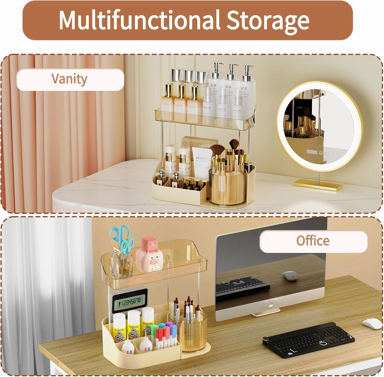 Rotating Makeup Organizer Countertop for Vanity with Makeup Brush Holder, Large Capacity, Grid Design, 360° Rotatable Skincare Organizer Perfume Tray for Dresser, Bathroom, (Amber, 2T)