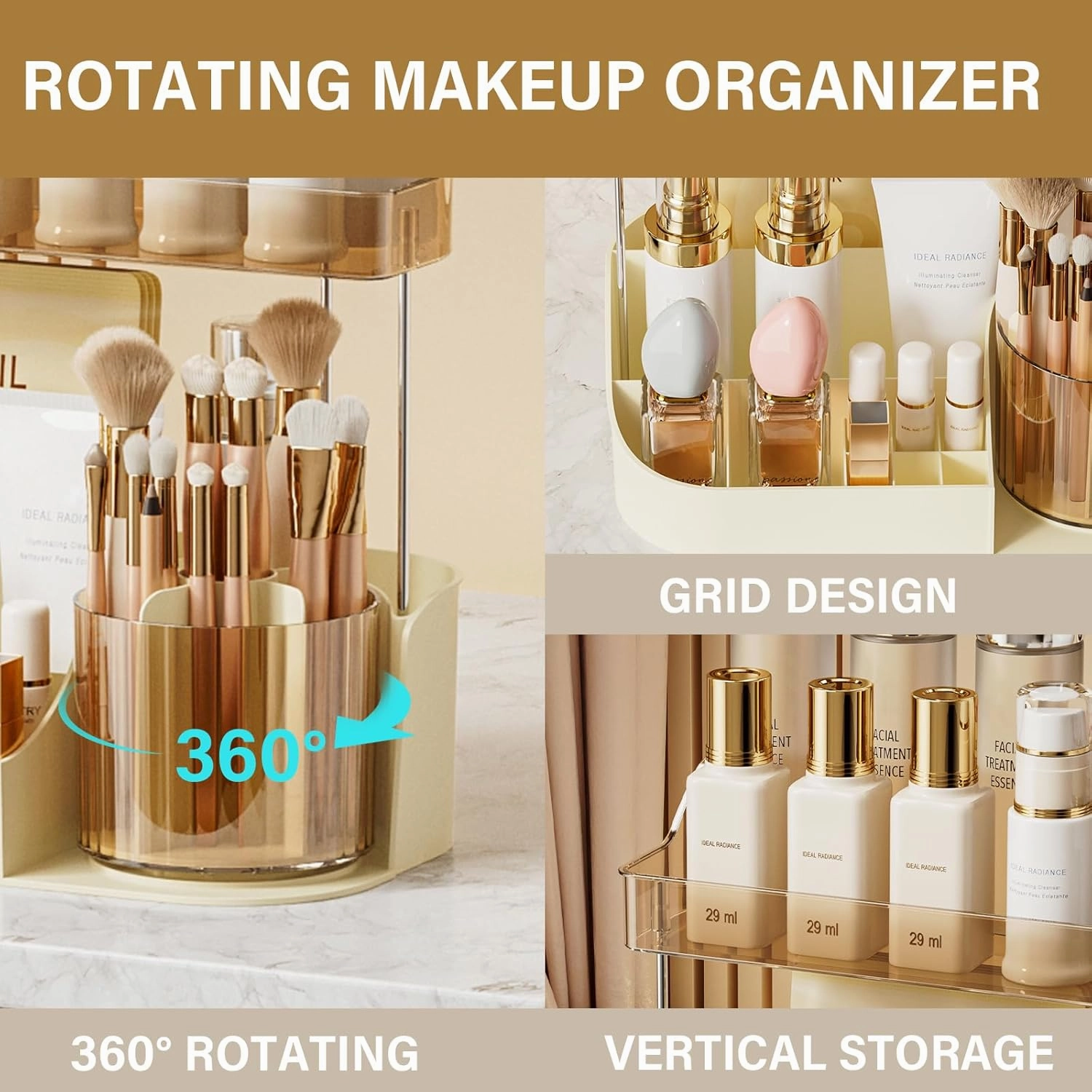 Rotating Makeup Organizer Countertop for Vanity with Makeup Brush Holder, Large Capacity, Grid Design, 360° Rotatable Skincare Organizer Perfume Tray for Dresser, Bathroom, (Amber, 2T)