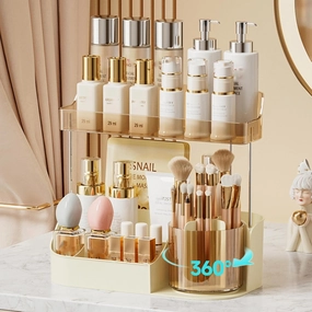 Rotating Makeup Organizer Countertop for Vanity with Makeup Brush Holder, Large Capacity, Grid Design, 360° Rotatable Skincare Organizer Perfume Tray for Dresser, Bathroom, (Amber, 2T)