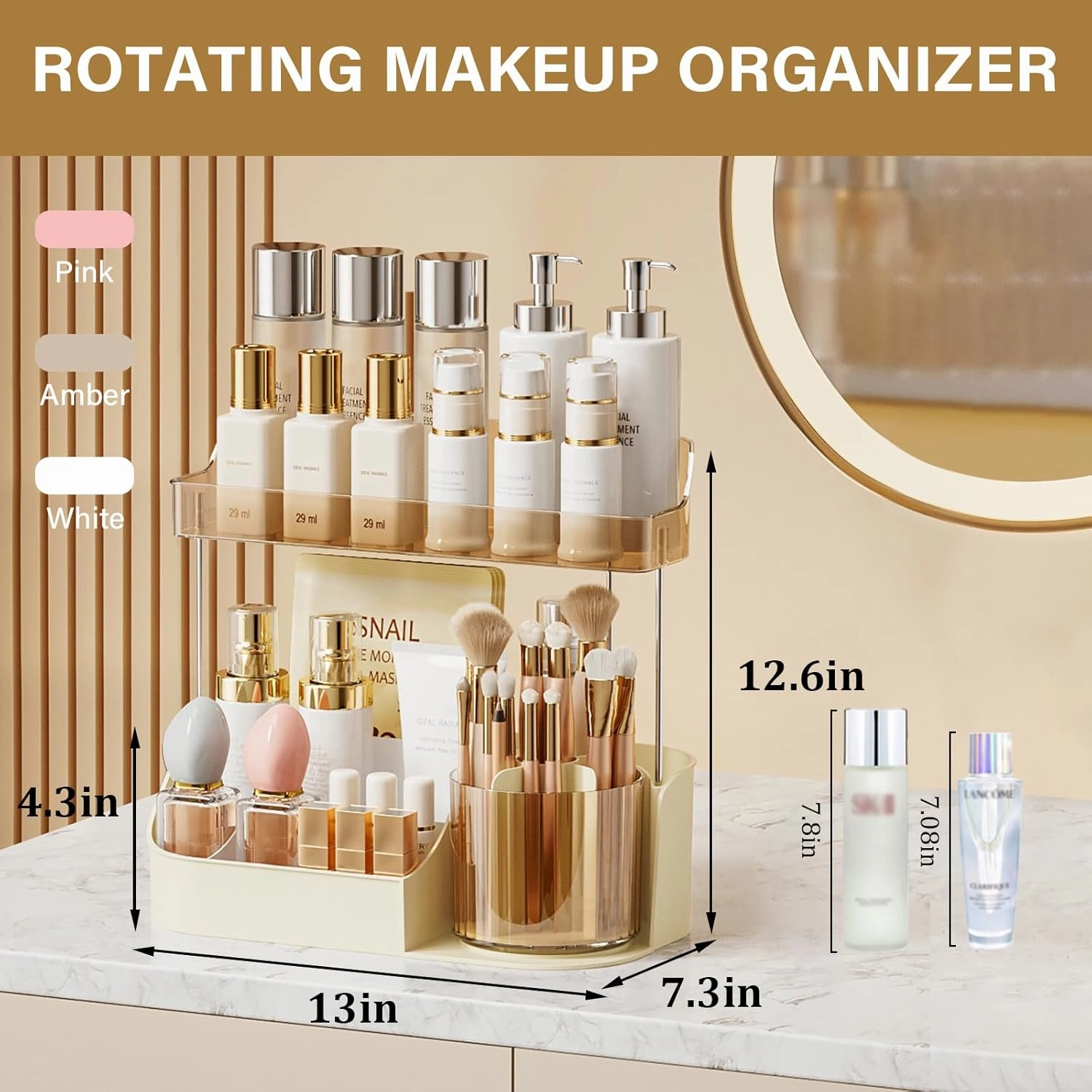 Rotating Makeup Organizer Countertop for Vanity with Makeup Brush Holder, Large Capacity, Grid Design, 360° Rotatable Skincare Organizer Perfume Tray for Dresser, Bathroom, (Amber, 2T)