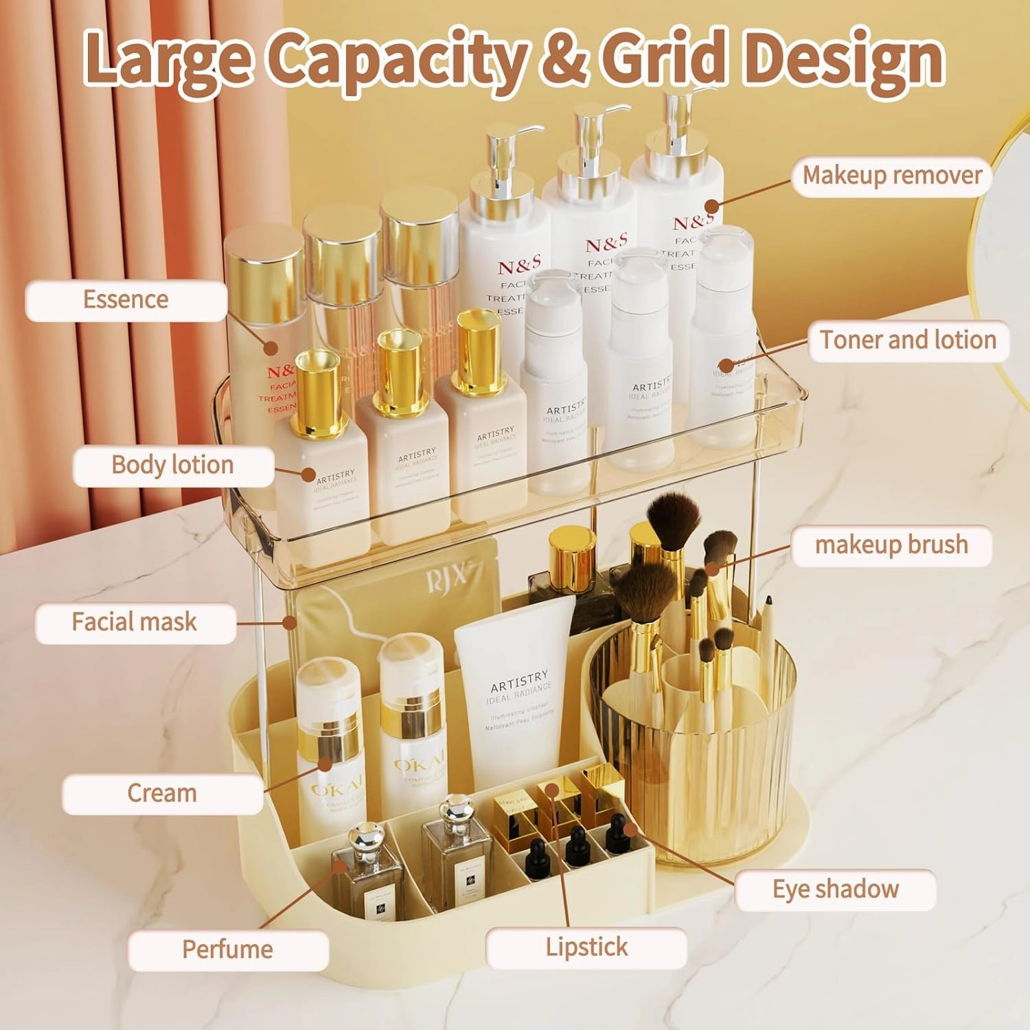 Rotating Makeup Organizer Countertop for Vanity with Makeup Brush Holder, Large Capacity, Grid Design, 360° Rotatable Skincare Organizer Perfume Tray for Dresser, Bathroom, (Amber, 2T)