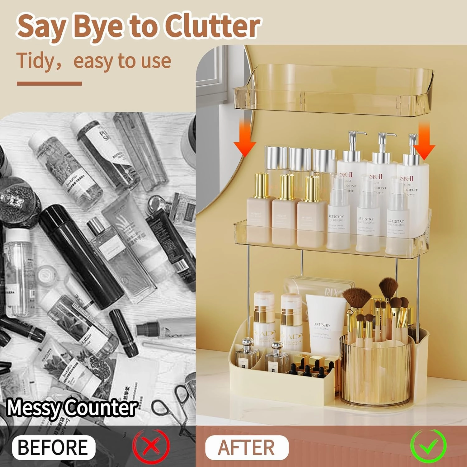 Rotating Makeup Organizer Countertop for Vanity with Makeup Brush Holder, Large Capacity, Grid Design, 360° Rotatable Skincare Organizer Perfume Tray for Dresser, Bathroom, (Amber, 2T)