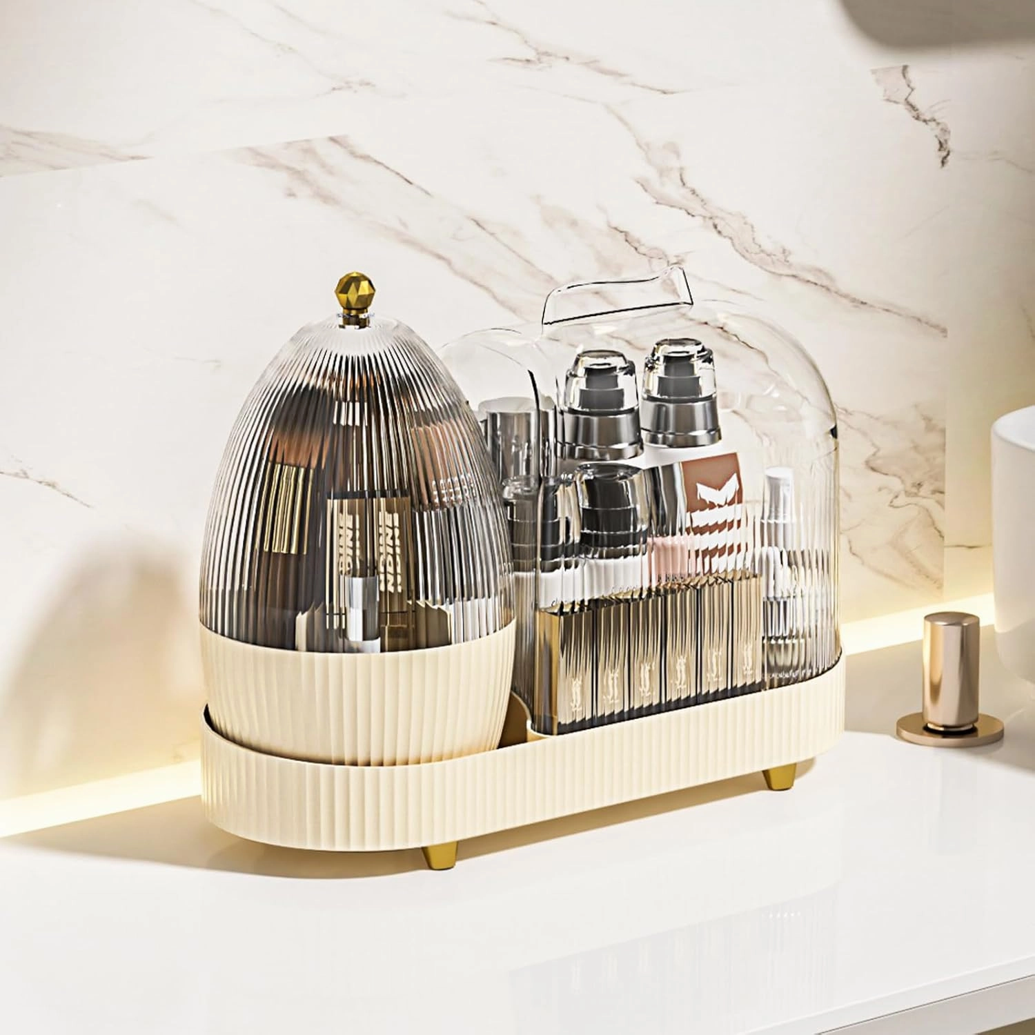 Rotating Makeup Organizer for Vanity with Brush Holder, Cosmetic Makeup Storage,Lotions Display Cases,Large Spinning Makeup Skincare Organizer(15x11'')
