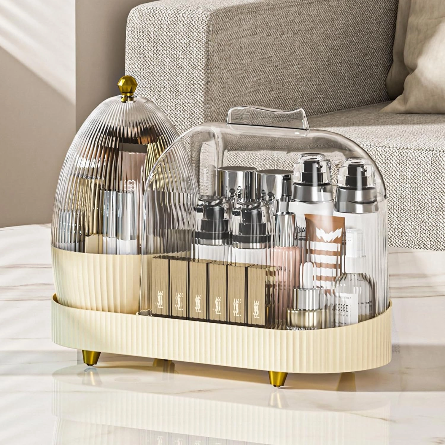 Rotating Makeup Organizer for Vanity with Brush Holder, Cosmetic Makeup Storage,Lotions Display Cases,Large Spinning Makeup Skincare Organizer(15x11'')