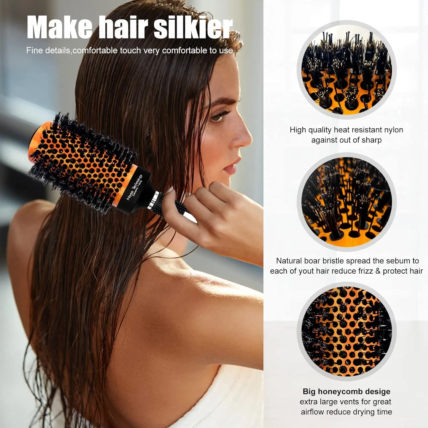 Round Ceramic Ion Thermal Barrel Brush Set with Boar Bristles - 4 Different Sizes for Blow Drying, Straightening, Adding Volume and Shine, Plus Curved Vented Brush