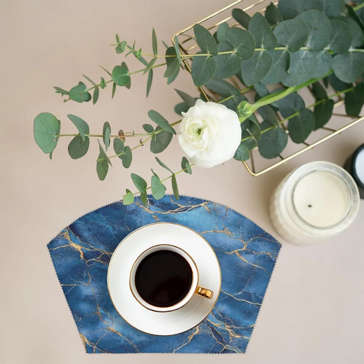 Round Placemat Set of 5 Blue Marble Texture Wedge Placemat Centerpiece, Heat Resistant Non-Slip Round Table Mat for Dinning Decoration Home Restaurant Hotel Party