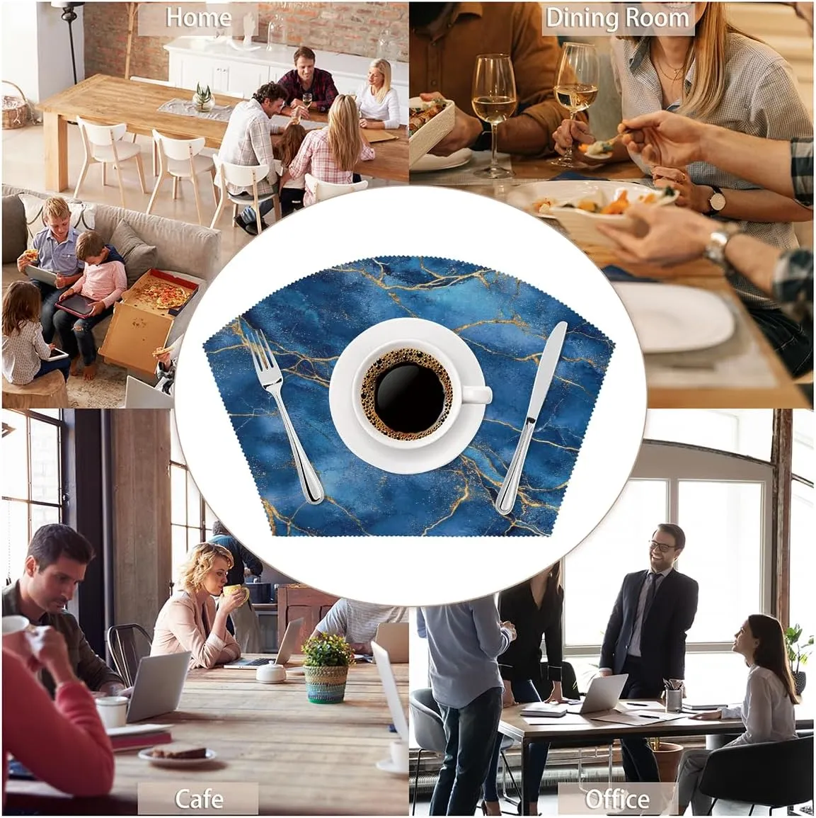 Round Placemat Set of 5 Blue Marble Texture Wedge Placemat Centerpiece, Heat Resistant Non-Slip Round Table Mat for Dinning Decoration Home Restaurant Hotel Party