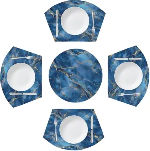Round Placemat Set of 5 Blue Marble Texture Wedge Placemat Centerpiece, Heat Resistant Non-Slip Round Table Mat for Dinning Decoration Home Restaurant Hotel Party