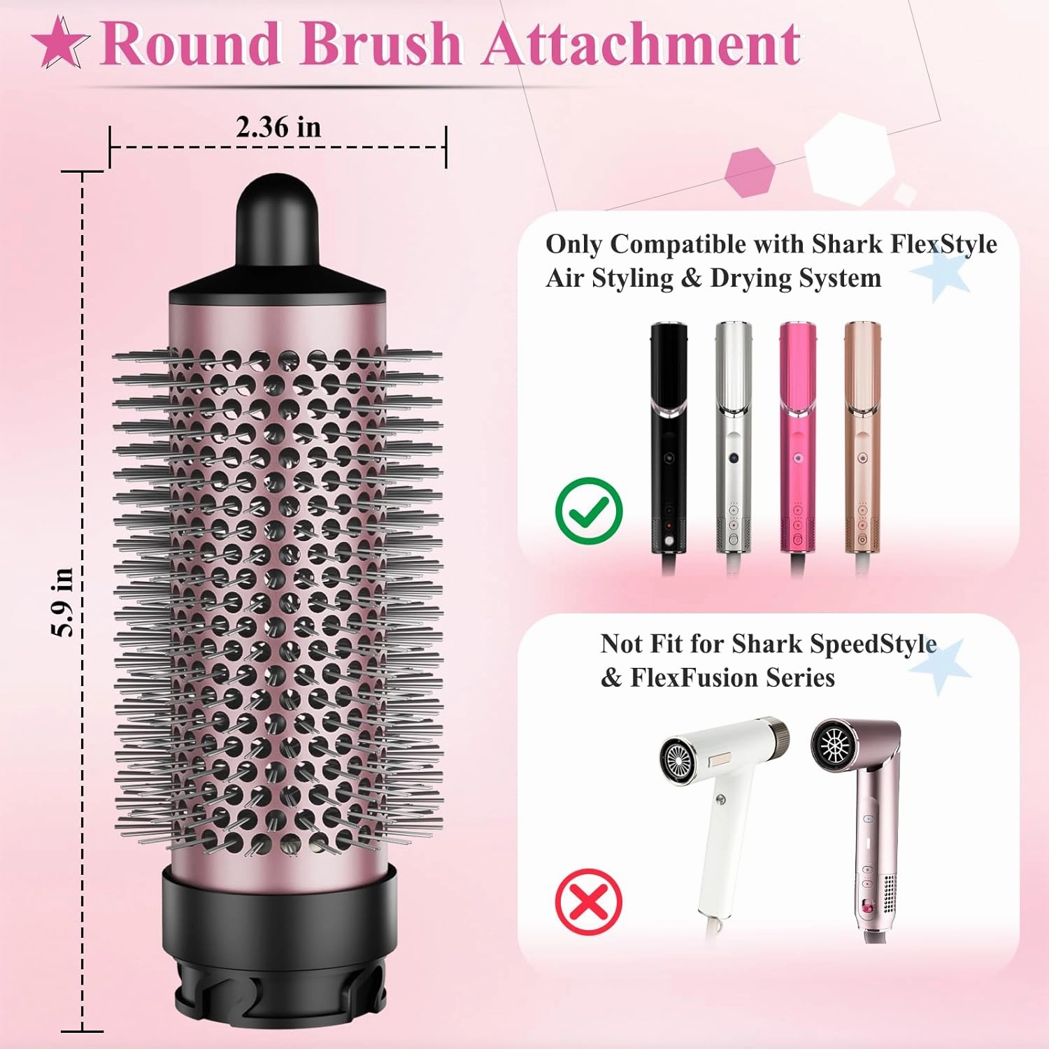 Round Brush Attachment for Shark FlexStyle Accessories, Normal Oval Round Volumizing Brush Styling for Straight, Wavy, Curly, and Coily Hair, Black