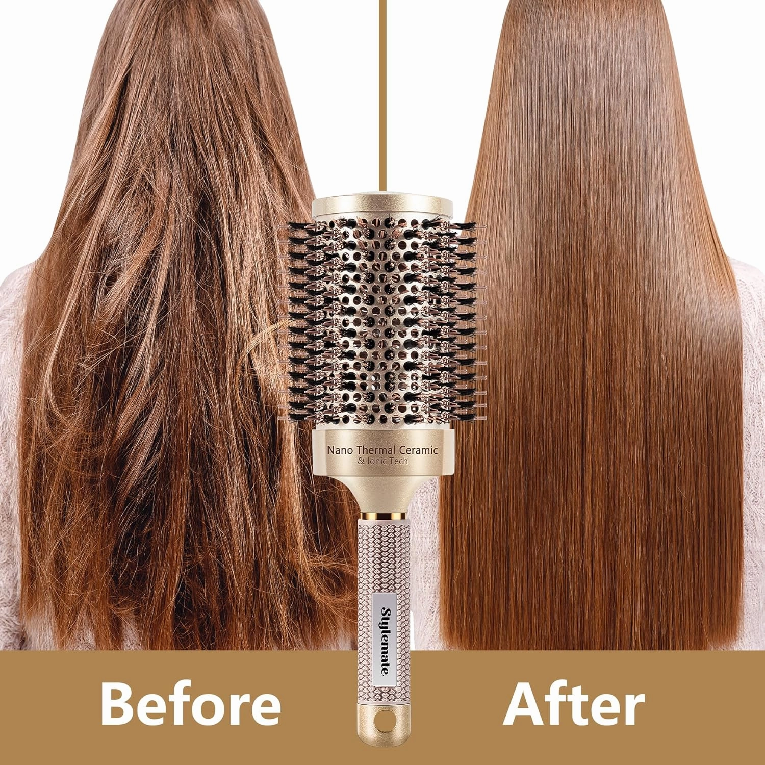 Round Brush for Blow Out, Nano Thermal Ceramic & Ionic Tech Round Barrel Roller Hair Brush with Boar Bristles for Blow Drying and Styling, 4 Free Clips (4 inch, Barrel 2.7 Inch, 65mm)