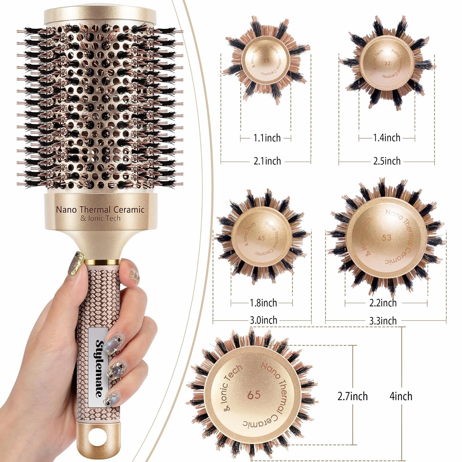 Round Brush for Blow Out, Nano Thermal Ceramic & Ionic Tech Round Barrel Roller Hair Brush with Boar Bristles for Blow Drying and Styling, 4 Free Clips (4 inch, Barrel 2.7 Inch, 65mm)