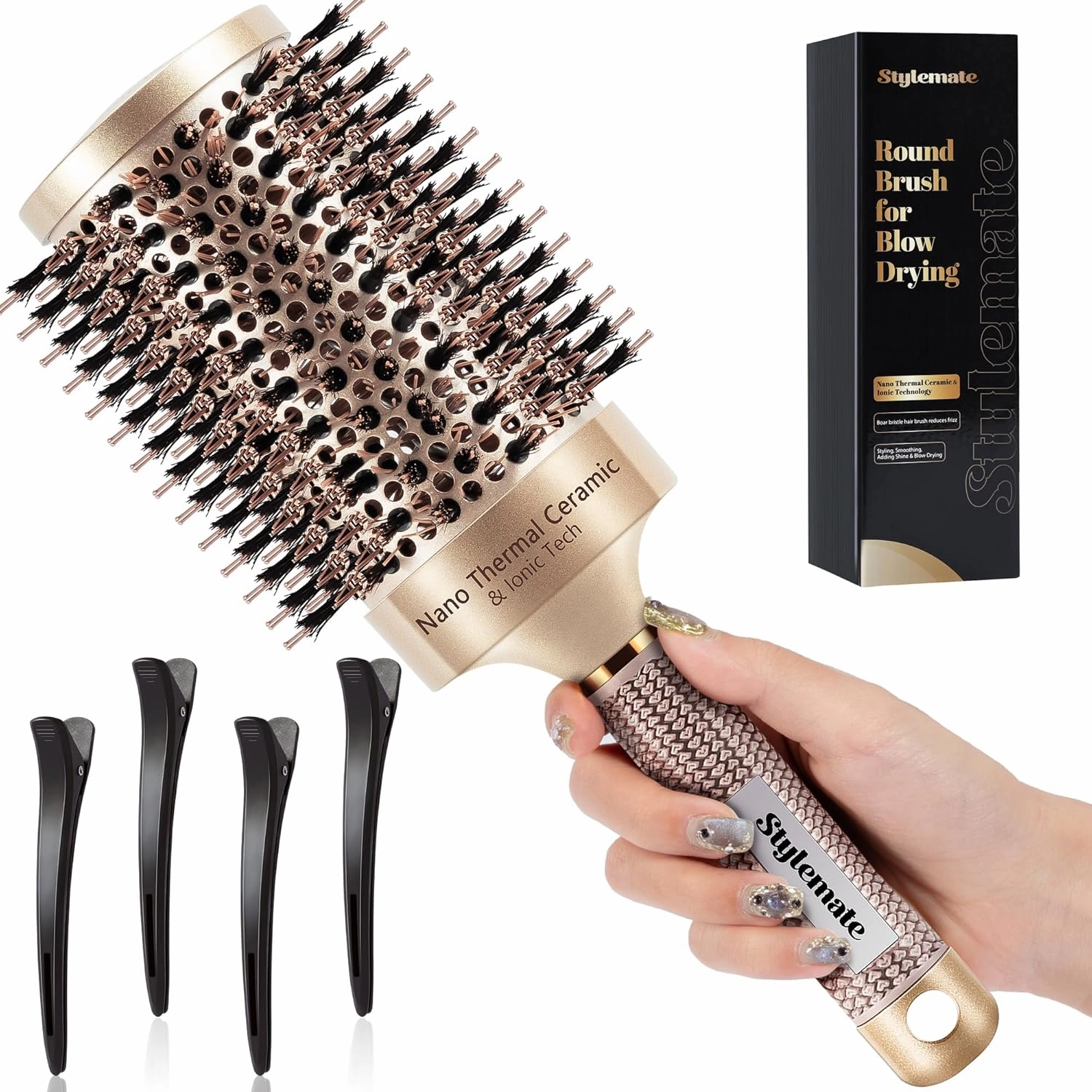 Round Brush for Blow Out, Nano Thermal Ceramic & Ionic Tech Round Barrel Roller Hair Brush with Boar Bristles for Blow Drying and Styling, 4 Free Clips (4 inch, Barrel 2.7 Inch, 65mm)