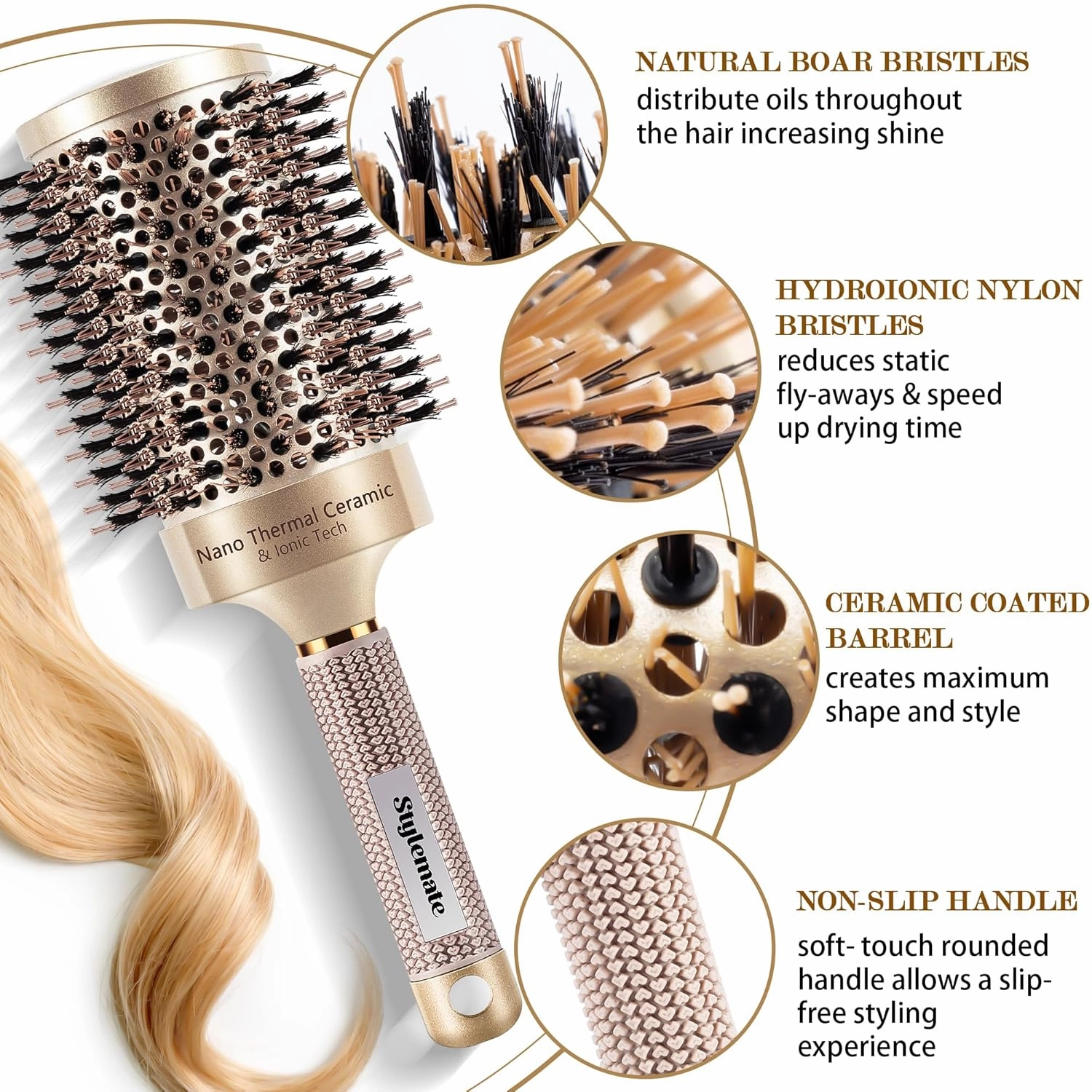 Round Brush for Blow Out, Nano Thermal Ceramic & Ionic Tech Round Barrel Roller Hair Brush with Boar Bristles for Blow Drying and Styling, 4 Free Clips (4 inch, Barrel 2.7 Inch, 65mm)