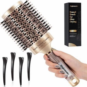 Round Brush for Blow Out, Nano Thermal Ceramic & Ionic Tech Round Barrel Roller Hair Brush with Boar Bristles for Blow Drying and Styling, 4 Free Clips (4 inch, Barrel 2.7 Inch, 65mm)