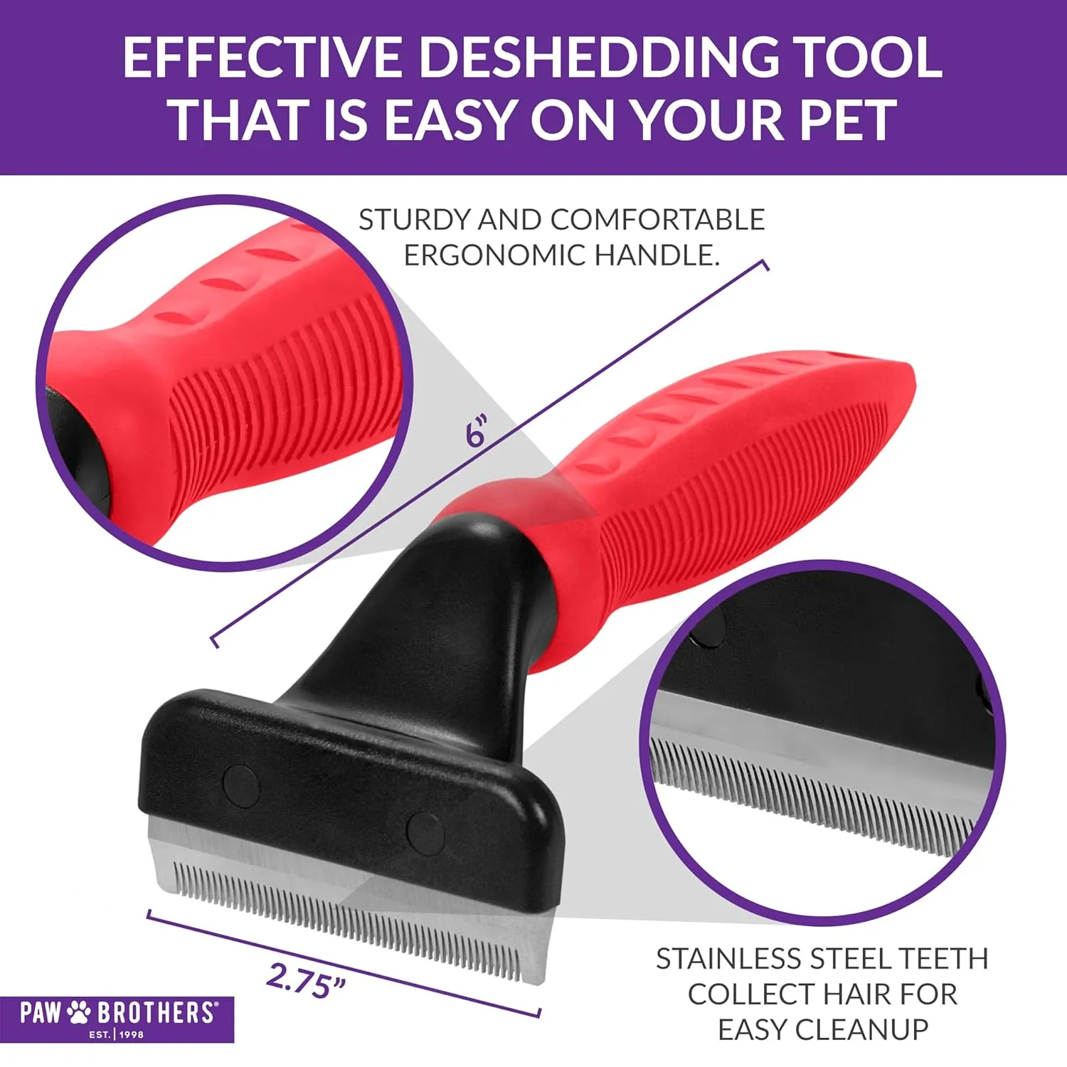 RYAN'S PET SUPPLIES Deshedding Tool, Red, Medium, Professional Dog Grooming Brush for Shedding, Pet Hair Remover, Fur Removal Brush for Medium and Long Pet Hair
