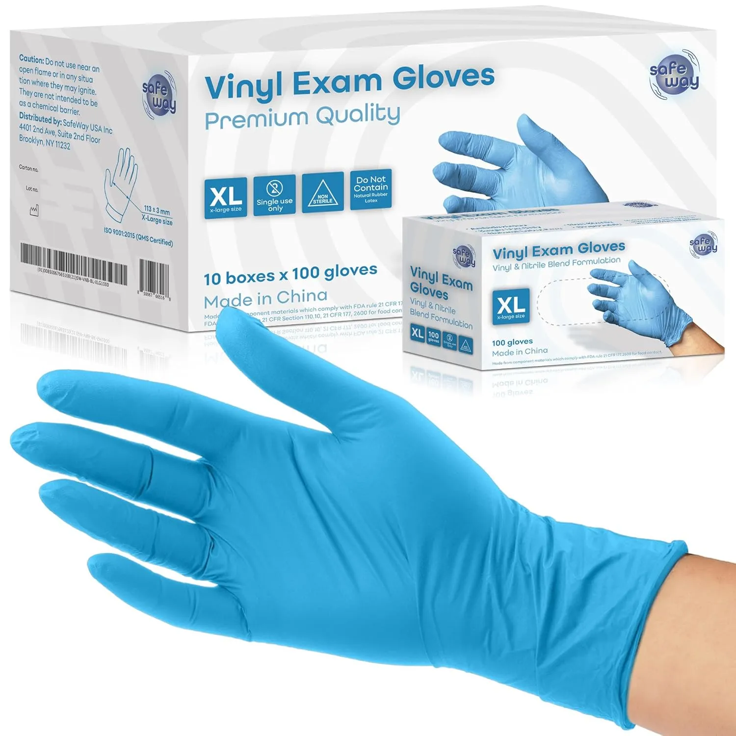SAFEWAY Nitrile-Vinyl Blended Disposable Gloves, 1000, Powder-Free & Non-Latex, Protective Gloves for Medical Exams & Cooking, Blue, X-Large