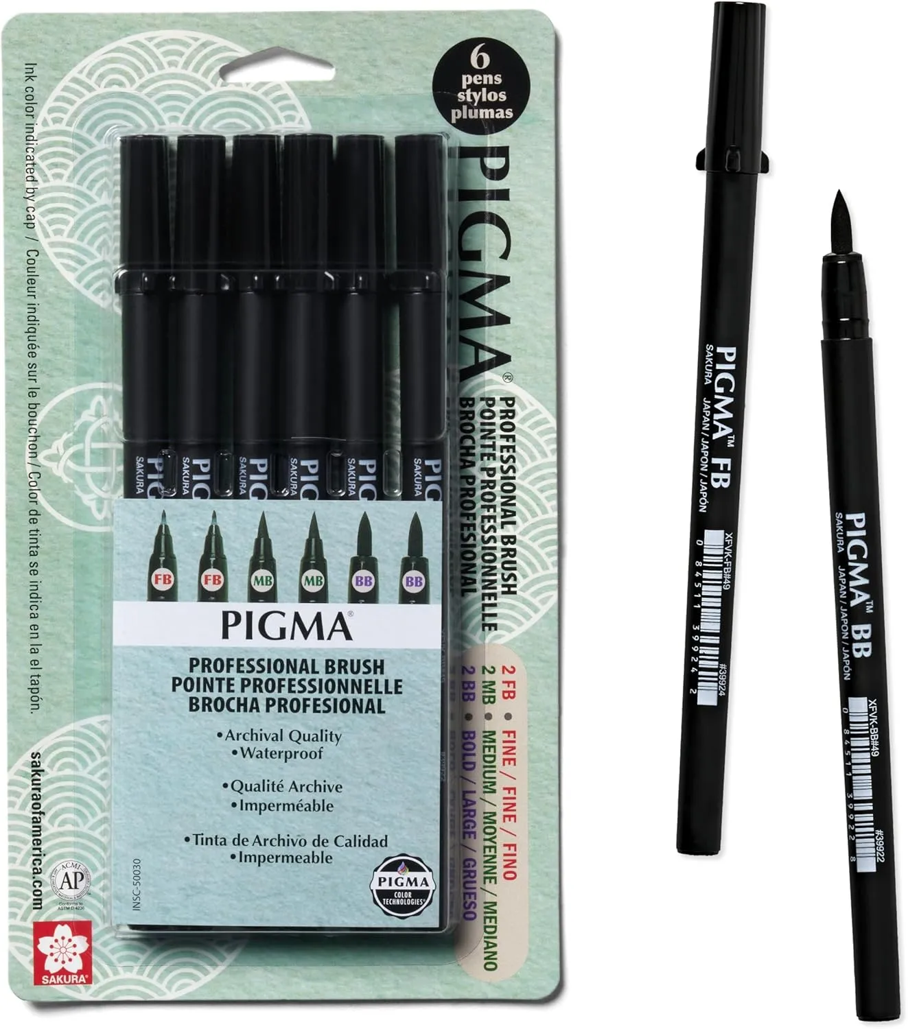 SAKURA Pigma Professional Brush Pens - Brush Tip Pens - Black Ink - Fine, Medium, Bold Sizes - 6 Pack