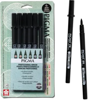 SAKURA Pigma Professional Brush Pens - Brush Tip Pens - Black Ink - Fine, Medium, Bold Sizes - 6 Pack