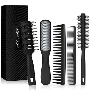 SalonSilk Hair Brush for Men, 5PCS Men Hair Brush & Styling Comb Set - Professional Barber Tools for All Hair Types, Perfect for Styling, Grooming, and Detangling