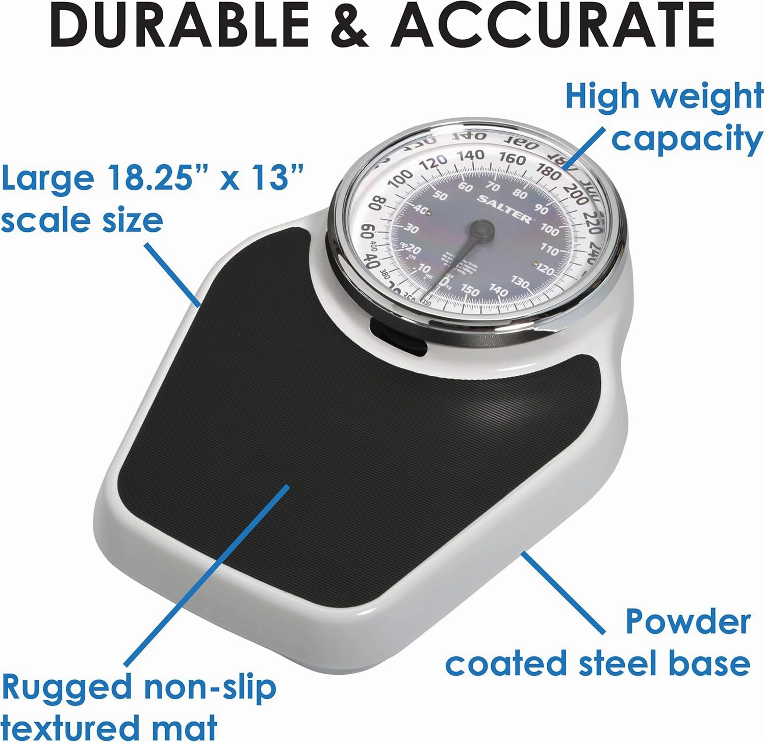 Salter Pro-Helix Professional Oversized Bathroom Scale with Black Vinyl Anti-Slip Bath Mat, 400 LB Capacity, Analog Scale, 18.25" x 13.0" Black/White