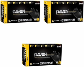 SAS Safety 66517 Raven Powder-Free Nitrile Disposable Glove, Medium, 6 mil Thick (Pack of 100) Pack of 3, Black