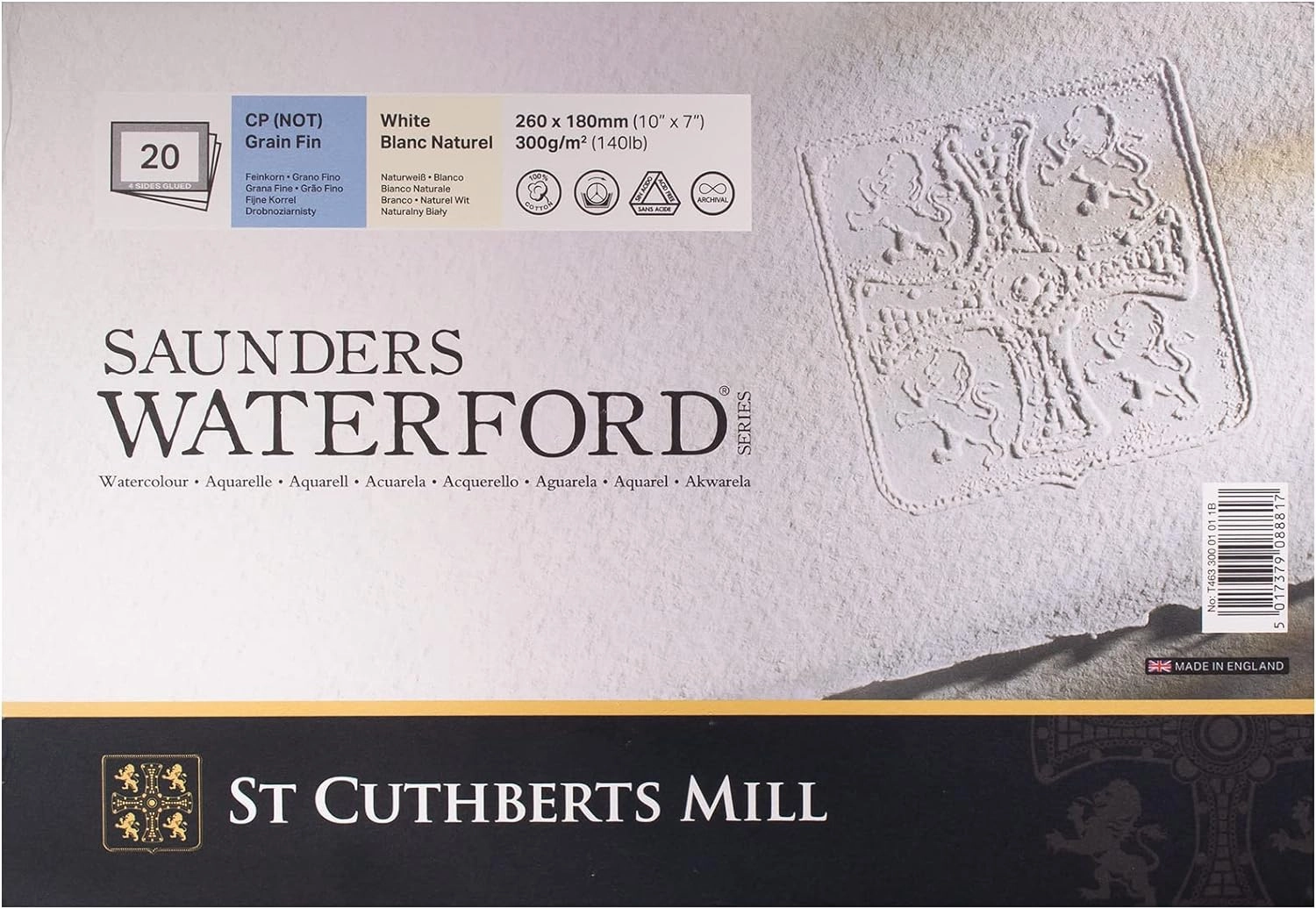 Saunders Waterford Legion Watercolour Block, 140 lb. Cold Press, 7 x 10 inches, White, 20 Sheets (I98-SWB140CP710)