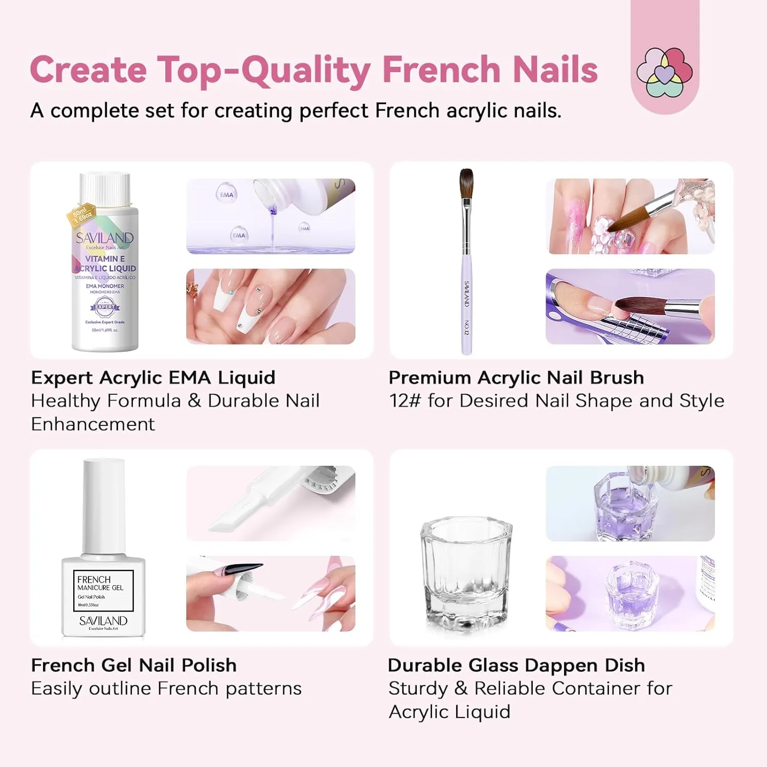 SAVILAND French Acrylic Nail Kit: Clear Pink Nudes Acrylic Powder and Liquid Set with French Gel Polish Top Gel 100PCS Nail Forms Brush Primer Tools for DIY French Manicure Extension Carving Home Use