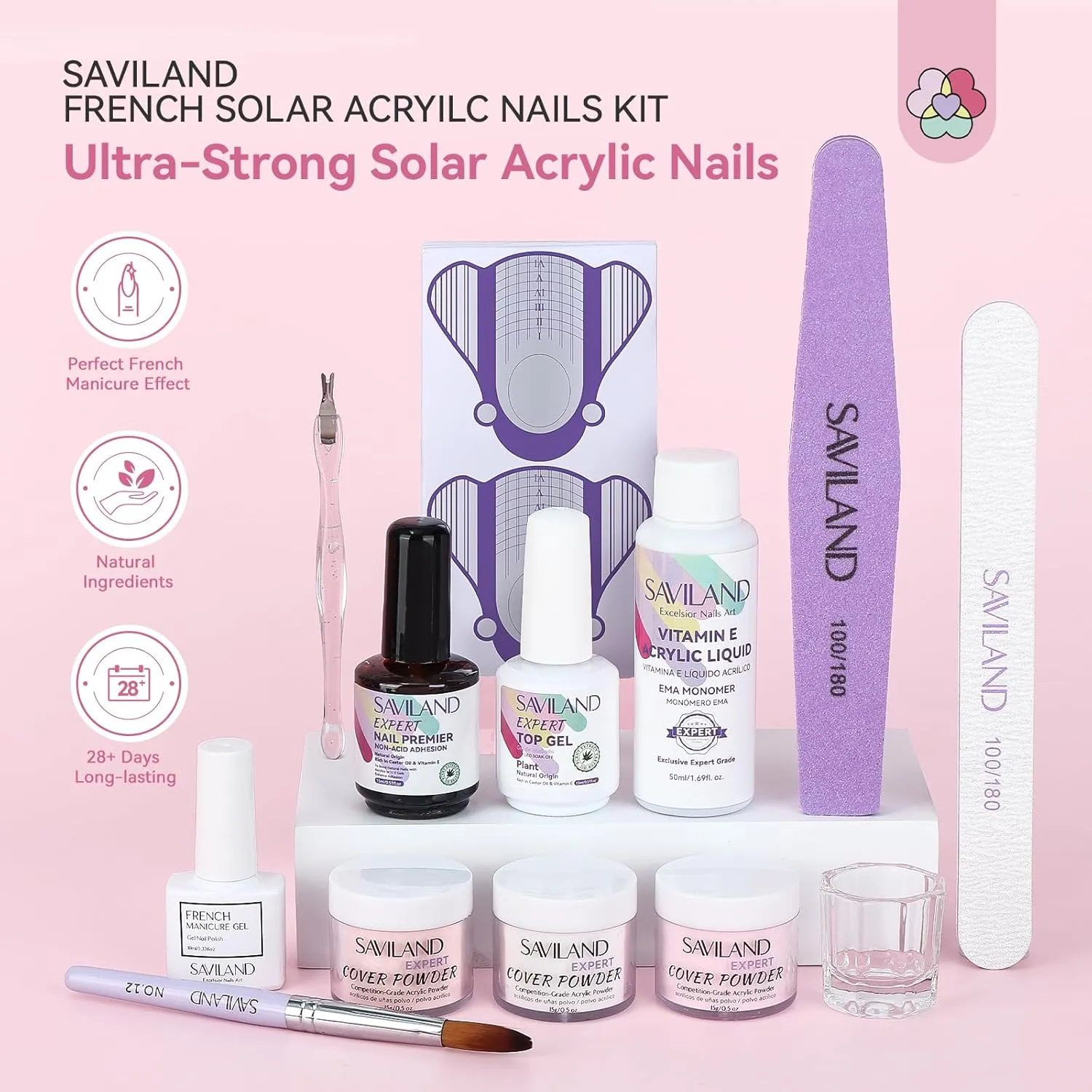 SAVILAND French Acrylic Nail Kit: Clear Pink Nudes Acrylic Powder and Liquid Set with French Gel Polish Top Gel 100PCS Nail Forms Brush Primer Tools for DIY French Manicure Extension Carving Home Use