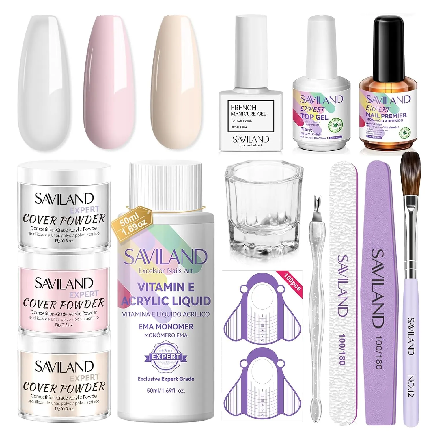 SAVILAND French Acrylic Nail Kit: Clear Pink Nudes Acrylic Powder and Liquid Set with French Gel Polish Top Gel 100PCS Nail Forms Brush Primer Tools for DIY French Manicure Extension Carving Home Use