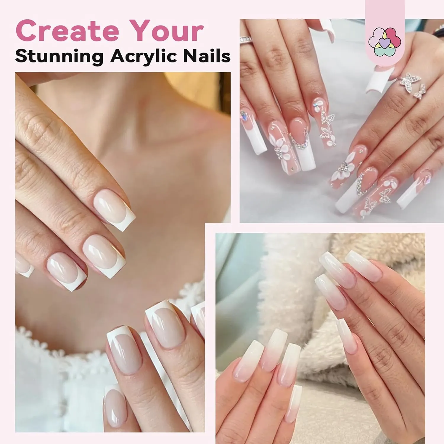 SAVILAND French Acrylic Nail Kit: Clear Pink Nudes Acrylic Powder and Liquid Set with French Gel Polish Top Gel 100PCS Nail Forms Brush Primer Tools for DIY French Manicure Extension Carving Home Use