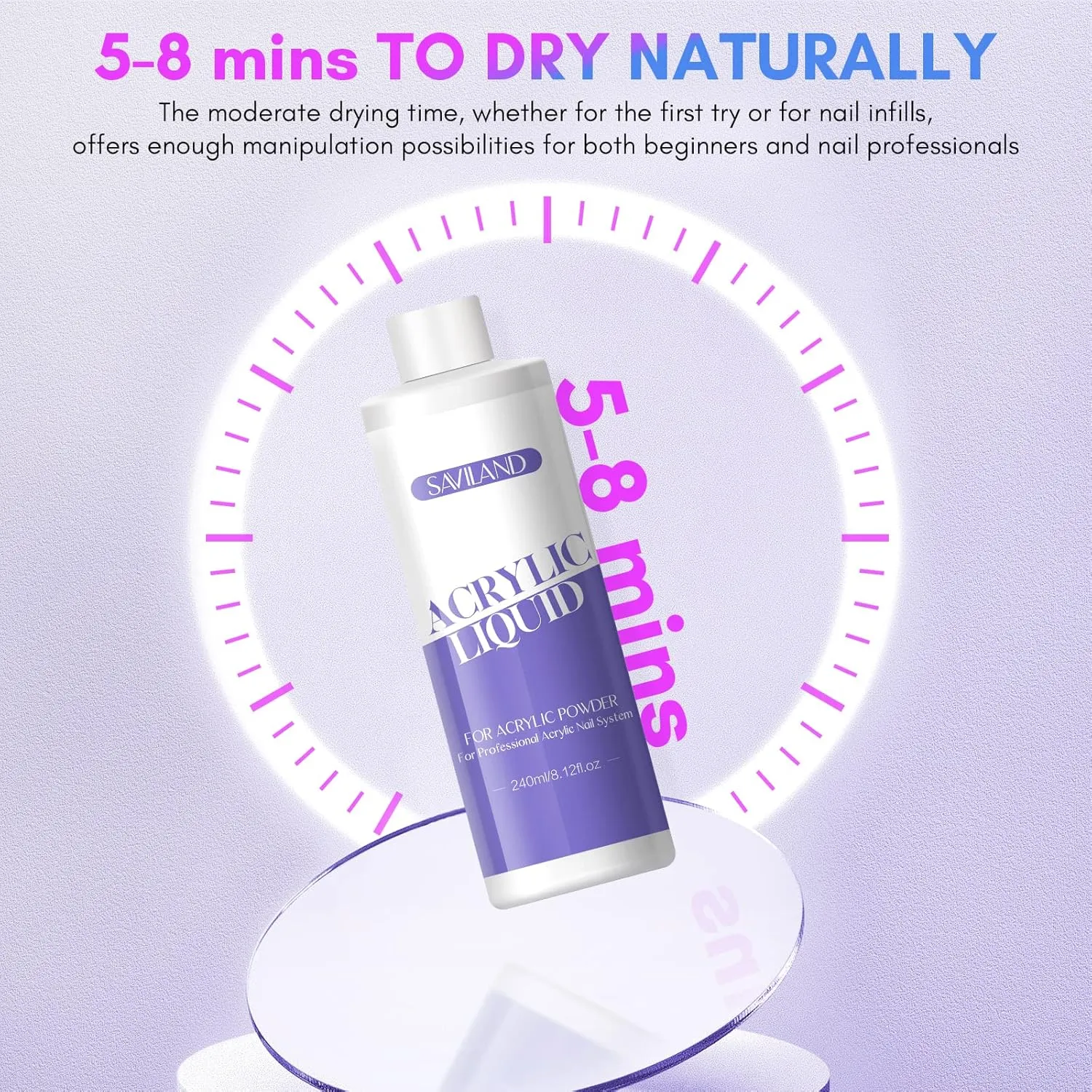 SAVILAND Monomer Acrylic Nail Liquid – 8.11fl.oz Acrylic Liquid with 3PCS Brushes Size（8/10/14) Non-Yellowing Monomer for DIY Home Nail Salon Use
