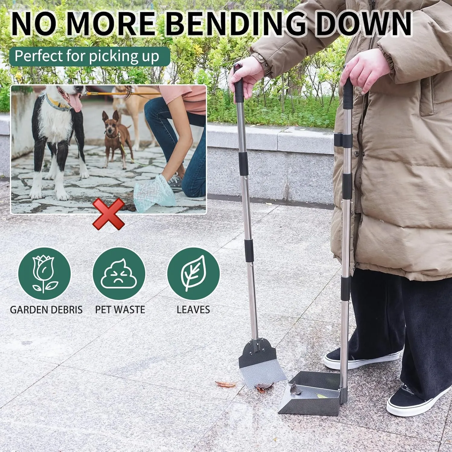 SCENEREAL Dog Pooper Scooper for Yard - Tray & Spade Set, Long Handle Metal Detachable Poop Scooper for Large Medium Small Dogs, Pet Waste Removal Scoop with No Bending for Outdoor Grass, Dirt Gravel