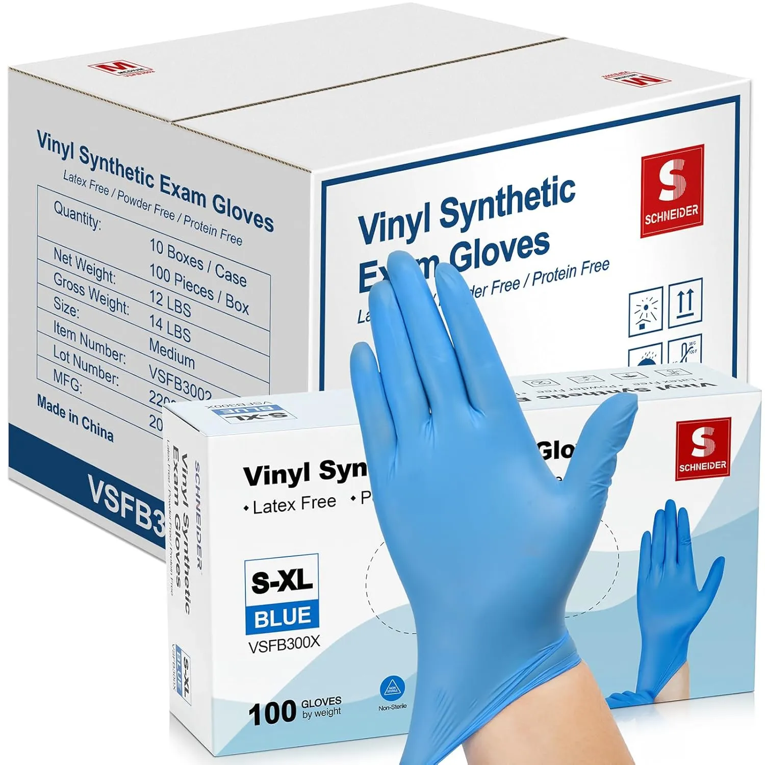 Schneider Blue Vinyl Synthetic Exam Gloves, Medium, Case of 1000, 4-mil, Powder-Free, Latex-Free, Non-Sterile, Disposable Gloves