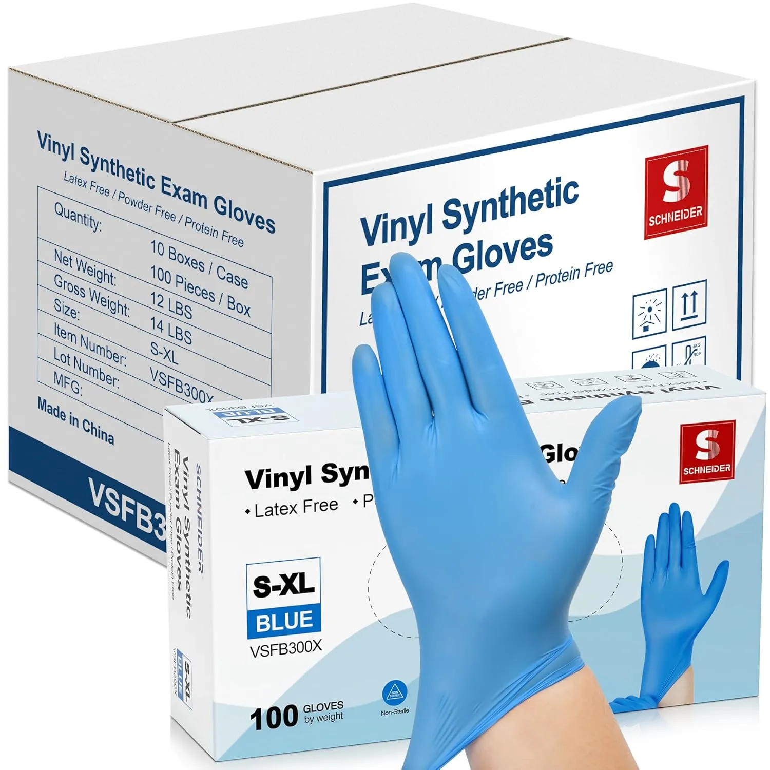 Schneider Blue Vinyl Synthetic Exam Gloves, Medium, Case of 1000, 4-mil, Powder-Free, Latex-Free, Non-Sterile, Disposable Gloves