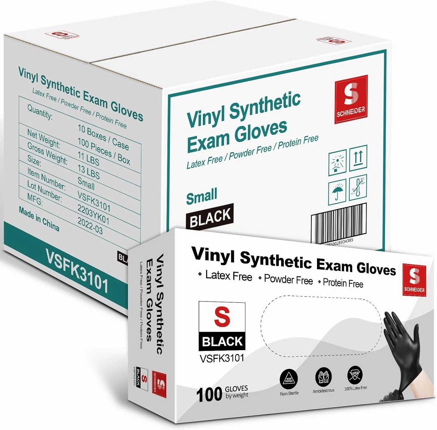 Schneider Black Vinyl Exam Gloves, 4mil, Disposable Gloves Latex-Free, for Medical, Cooking, Cleaning, Food Prep