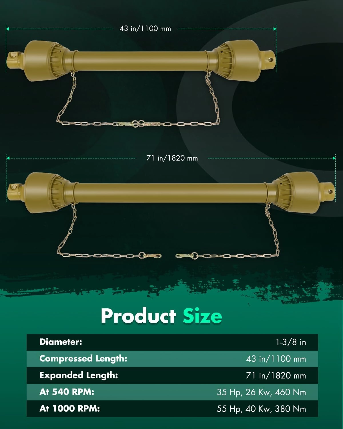 SCITOO Yellow 43"-71" PTO Shaft, 1-3/8" PTO Drive Shaft 6 Splines End Round End PTO Driveline Shaft, Series 4 PTO Shaft with Slip Clutch Fit for Bush Hog, Finish Mower, Tractor