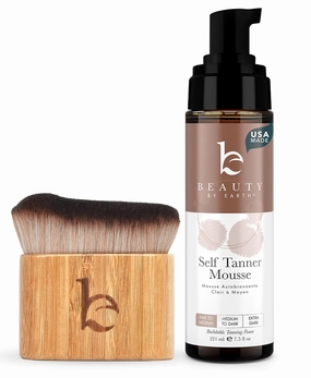 Self Tanner Mousse and Kabuki Brush - Made with Natural & Organic Ingredients, Mousse for Fake Tan, Sunless Tanner for Pale Skin, Clear & Non Toxic Tanning Foam for Streak Free Finish, No Orange Color