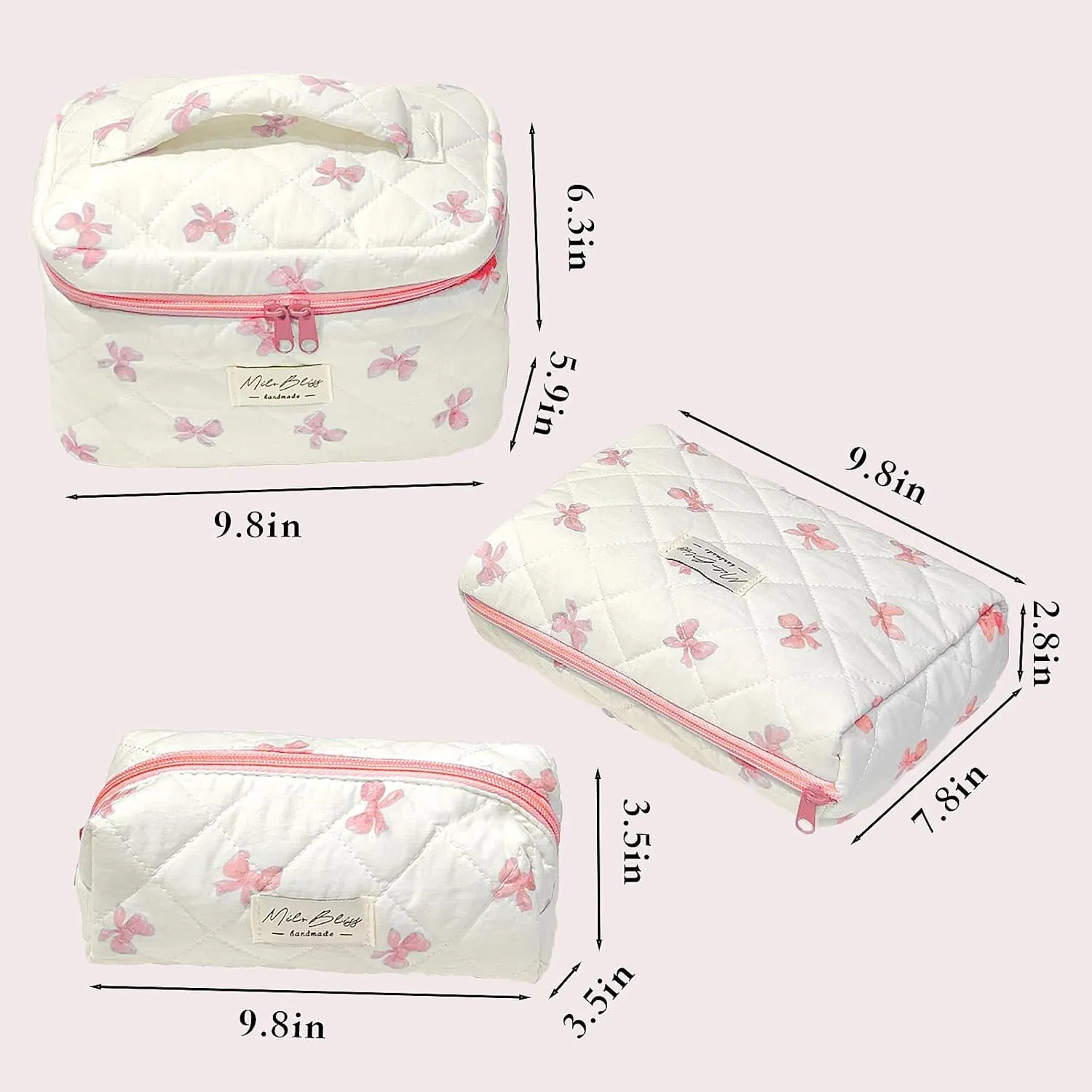 Set Of 3 kawaii makeup bag,Cotton Quilted Makeup Bag,Zipper Handle Kawaii Aesthetic Travel Toiletry Cosmetic Bag Set For Women Bow (pink)