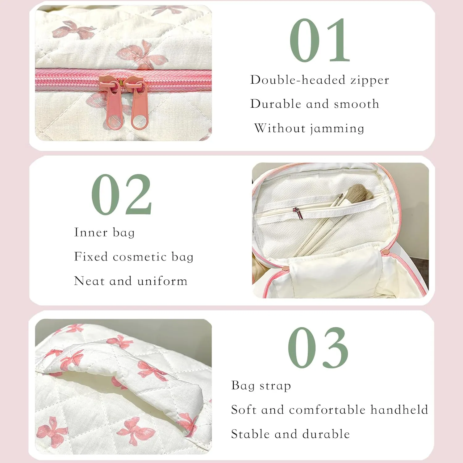 Set Of 3 kawaii makeup bag,Cotton Quilted Makeup Bag,Zipper Handle Kawaii Aesthetic Travel Toiletry Cosmetic Bag Set For Women Bow (pink)