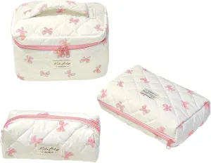 Set Of 3 kawaii makeup bag,Cotton Quilted Makeup Bag,Zipper Handle Kawaii Aesthetic Travel Toiletry Cosmetic Bag Set For Women Bow (pink)