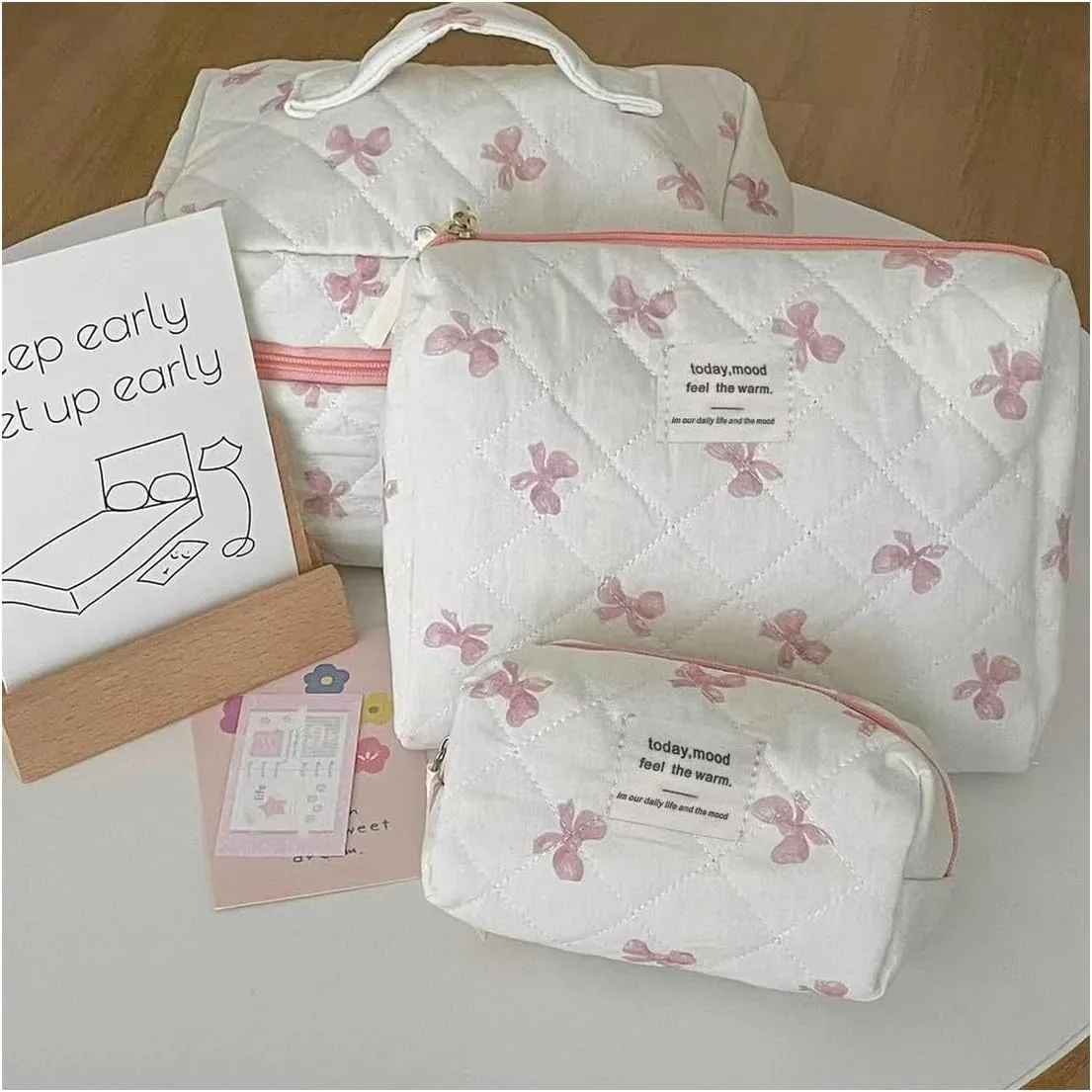 Set Of 3 kawaii makeup bag,Cotton Quilted Makeup Bag,Zipper Handle Kawaii Aesthetic Travel Toiletry Cosmetic Bag Set For Women Bow (pink)