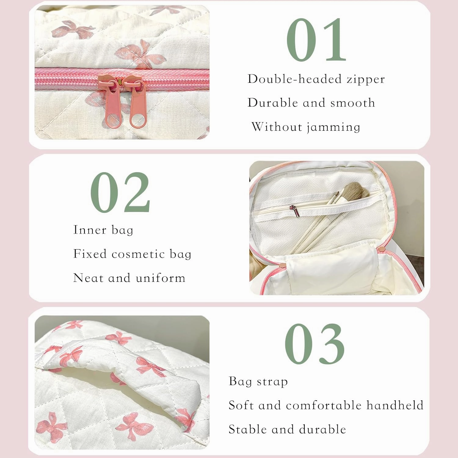 Set Of 3 kawaii makeup bag,Cotton Quilted Makeup Bag,Zipper Handle Kawaii Aesthetic Travel Toiletry Cosmetic Bag Set For Women Bow (pink)