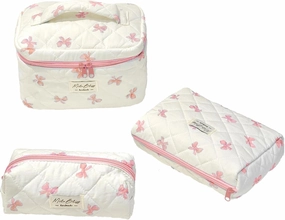 Set Of 3 kawaii makeup bag,Cotton Quilted Makeup Bag,Zipper Handle Kawaii Aesthetic Travel Toiletry Cosmetic Bag Set For Women Bow (pink)