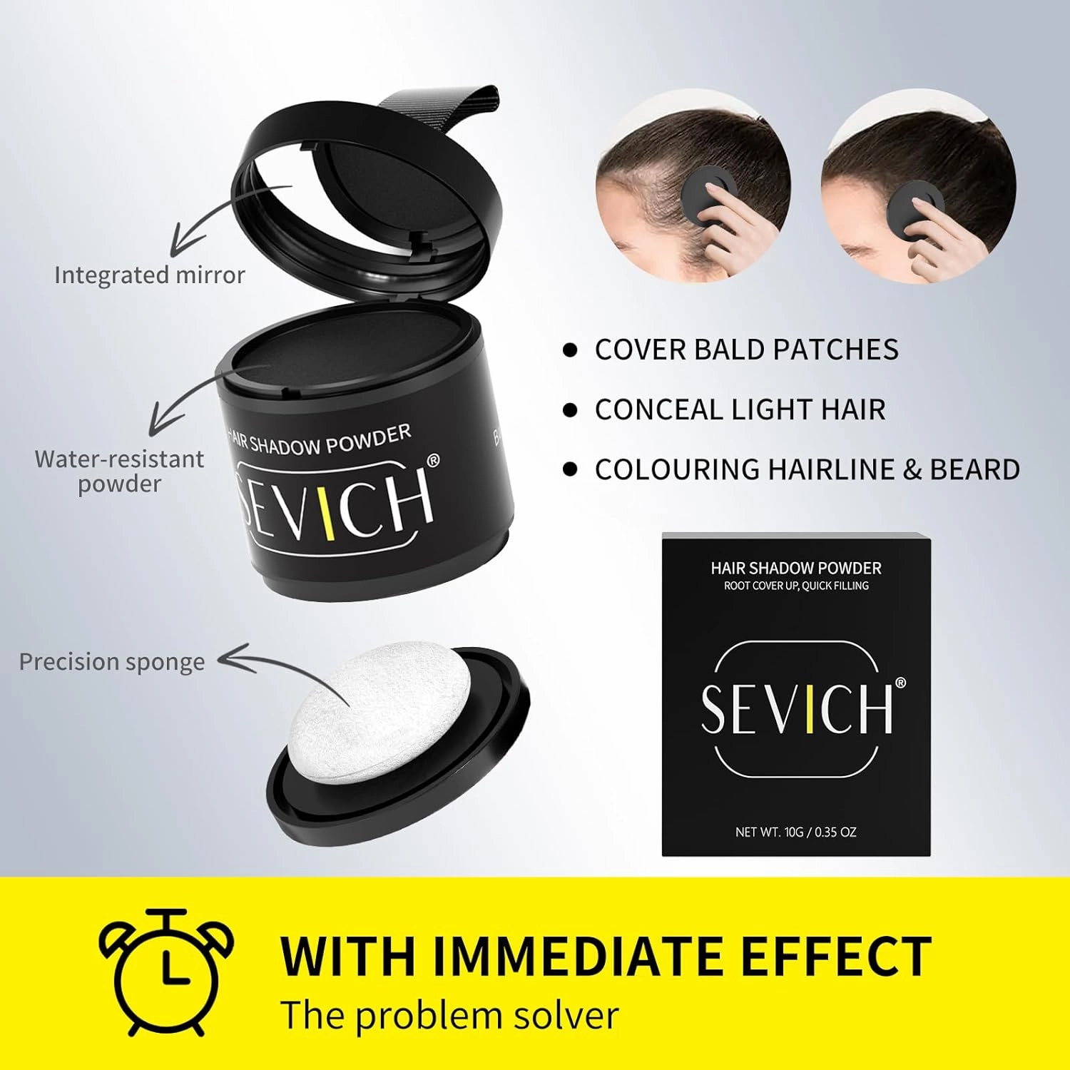 Sevich Hairline Powder 10g with Brush, Instantly Conceals Hair Loss & Thinning & Gray, 48H Waterproof Root Touch Up Powder, Natural Hair Shadow Toppers for Women & Men, 1 Box = 2.5 Boxes,Black